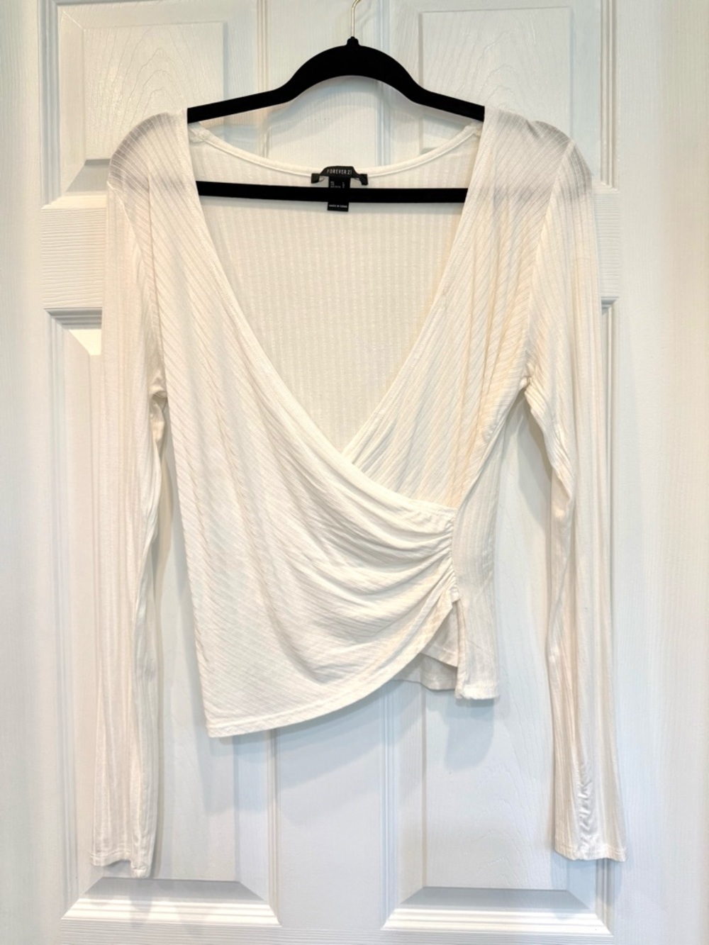 Forever 21 White Ribbed Wrap-Front Long Sleeve Top